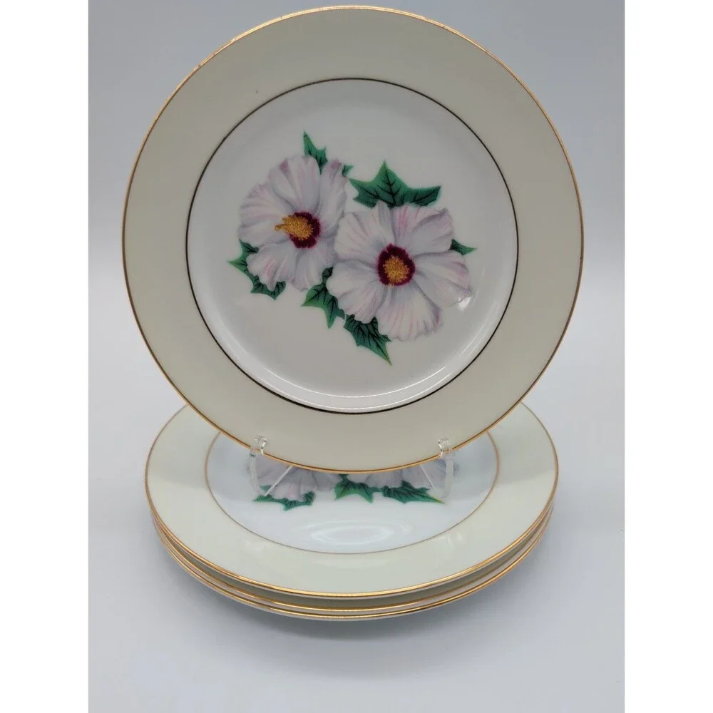 4 Vtg Kent Narumi China Tropical White Hibiscus Bread Plates KENTROP Japan